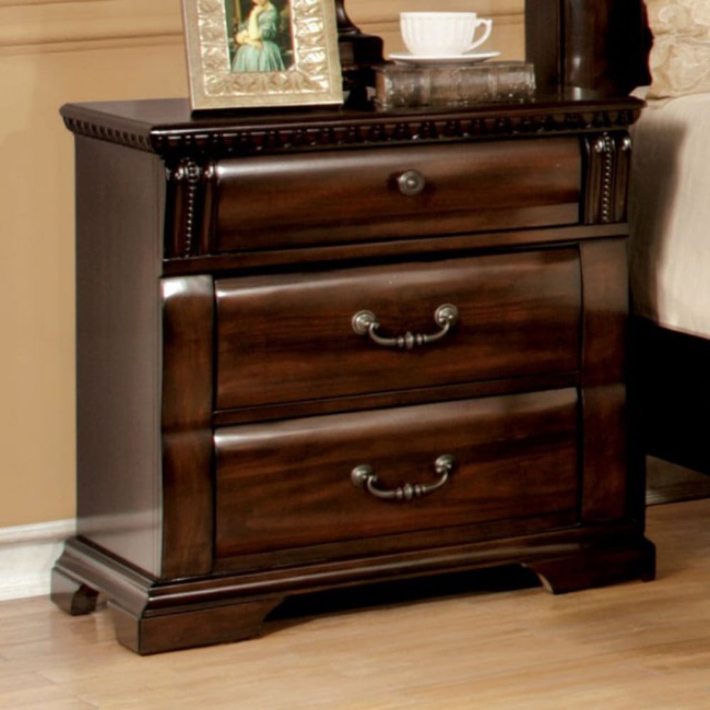 3 Drawer Wooden Nightstand With Metal Handles And Carved Details, Brown- Saltoro Sherpi