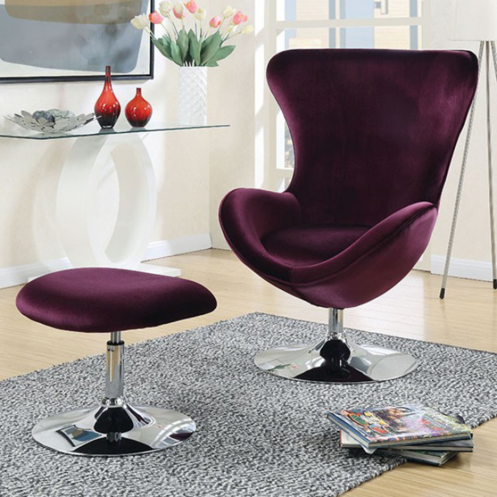 Fabric Curved Design Chair With Ottoman And Tubular Base, Set Of 2, Purple- Saltoro Sherpi