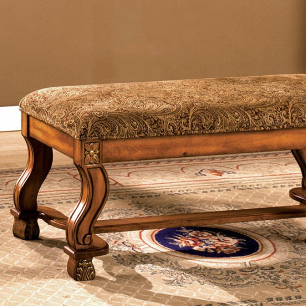 Wooden Bench With Paisley Printed Fabric Seat And Curved Legs, Oak Brown- Saltoro Sherpi