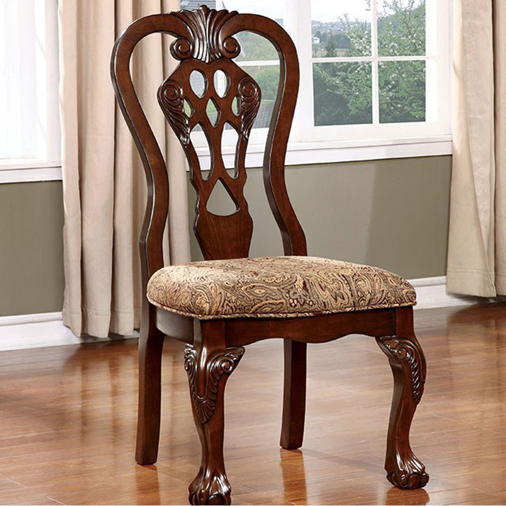 Elana Traditional Side Chair With Fabric, Brown Cherry Finish, Set Of 2- Saltoro Sherpi