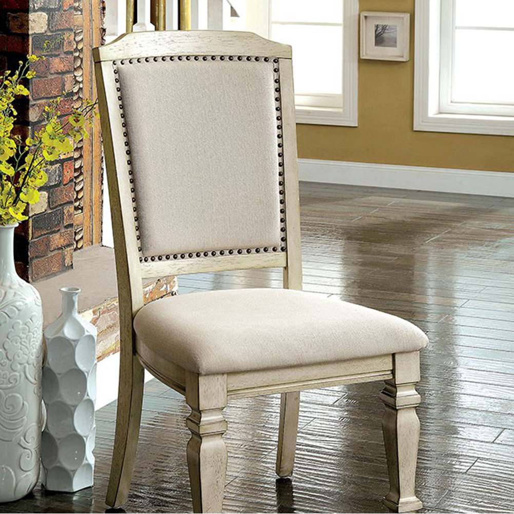 Nailhead Trim Fabric Upholstered Wooden Side Chair, Set Of 2, Beige- Saltoro Sherpi