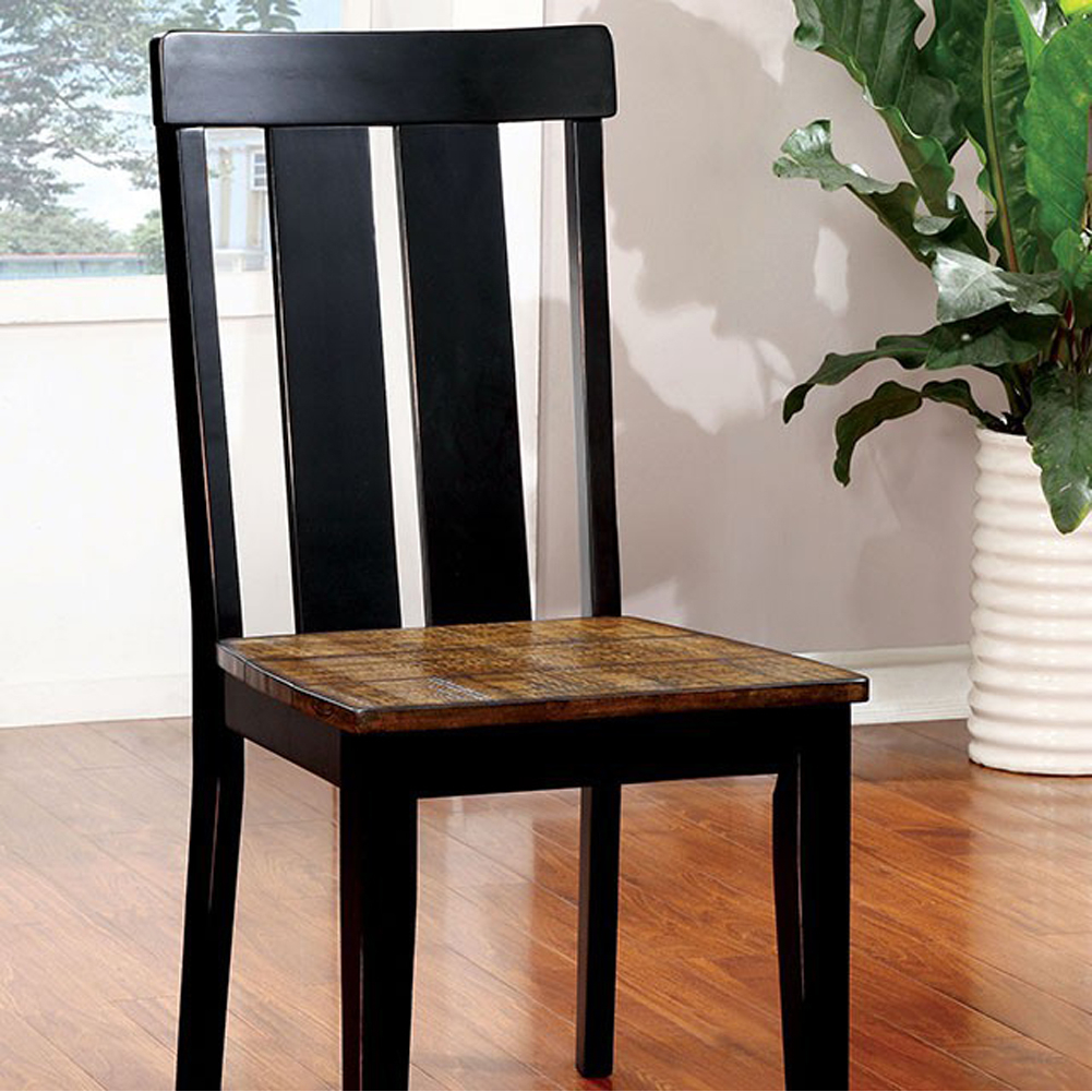 Wooden Slatted Back Side Chairs With Plank Seat, Set Of 2, Black And Brown- Saltoro Sherpi