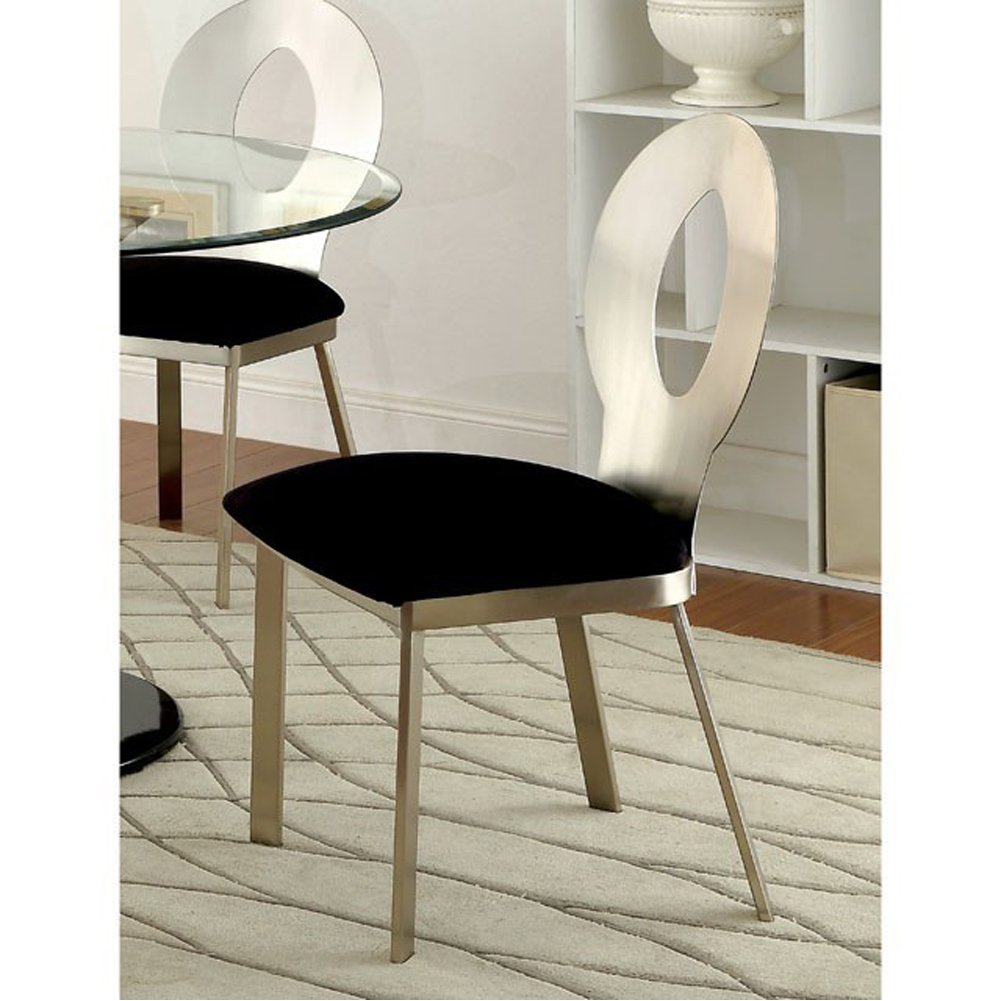 Metal Side Chair With Oval Cut Backrest, Set Of 2, Silver And Black- Saltoro Sherpi
