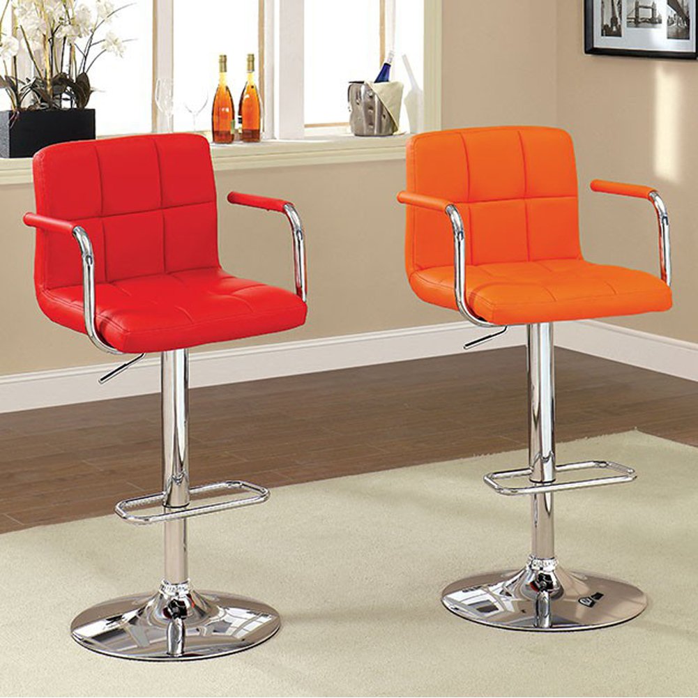 Leatherette Swivel Barstool With Square Stitched Details, Red And Silver- Saltoro Sherpi