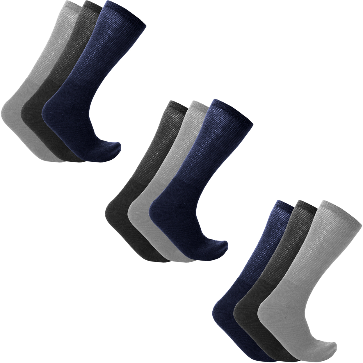 9-Pairs: Men's Diabetic Crew Socks - Navy/Charcoal/Grey