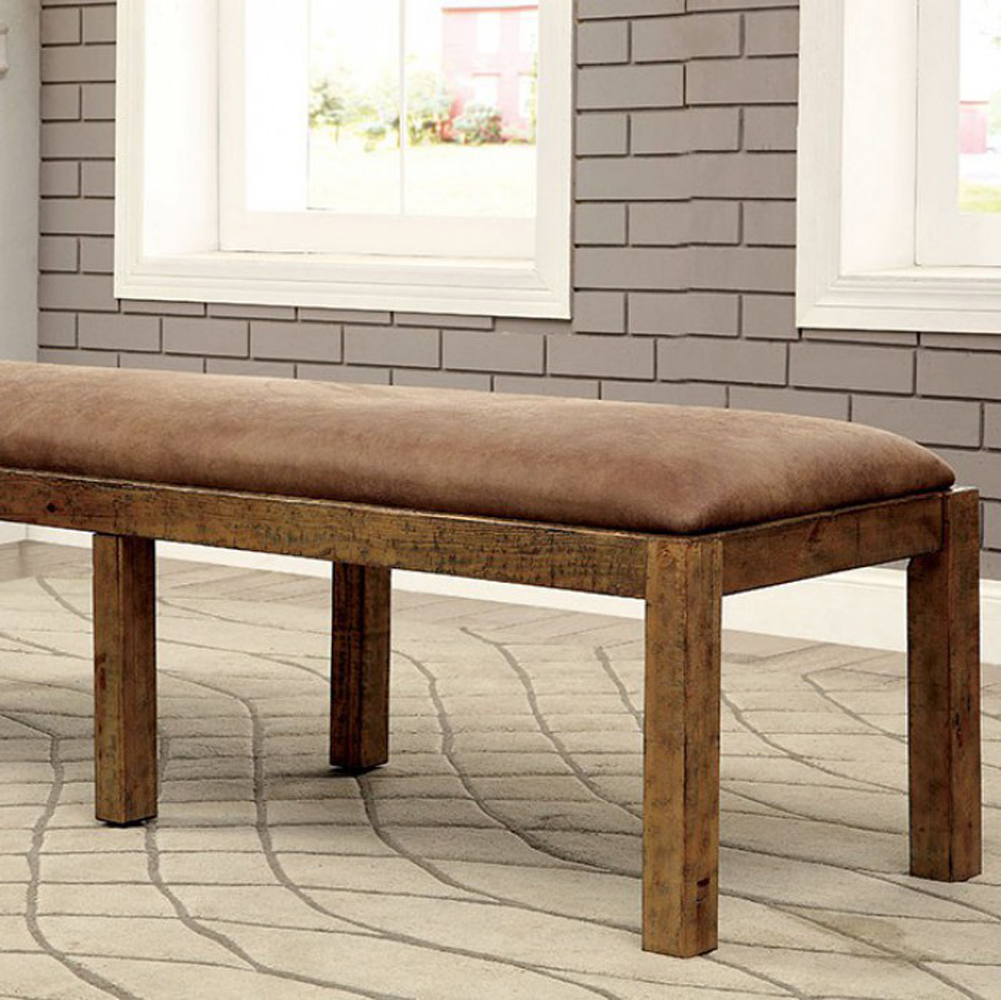 Rectangular Bench With Leatherette Padded Seat And Block Legs, Rustic Brown- Saltoro Sherpi