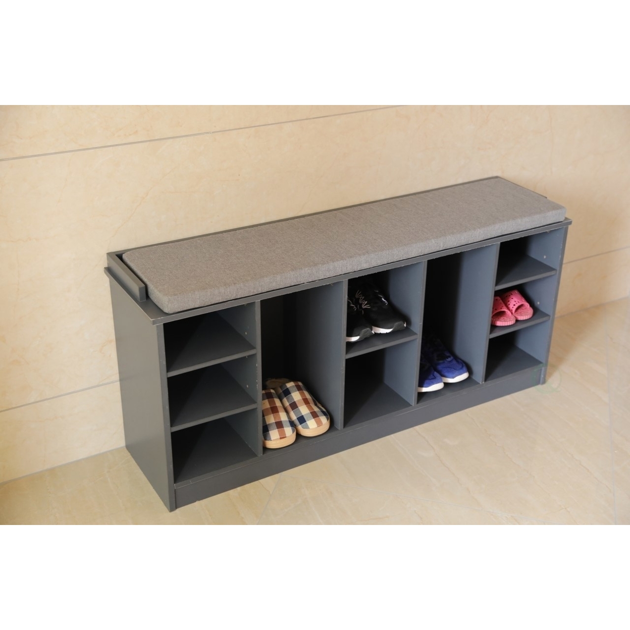 Wooden Shoe Cubicle Storage Entryway Bench With Soft Cushion For Seating
