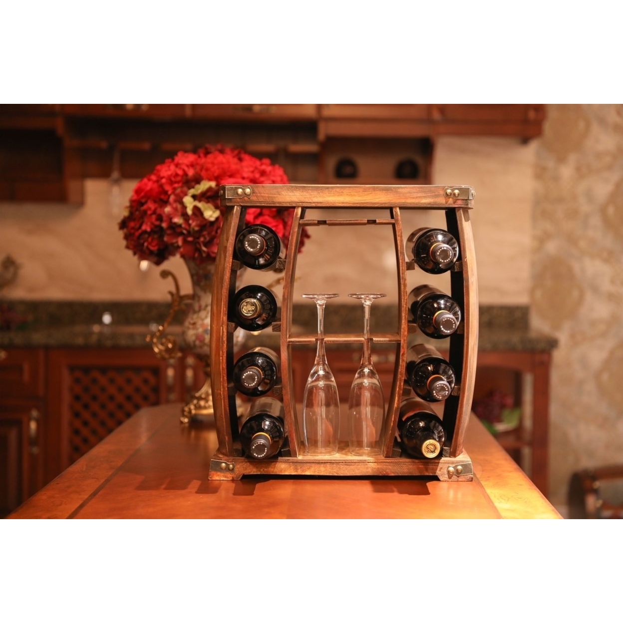 Rustic Wooden Wine Rack With Glass Holder-8 Bottle Decorative Wine Holder