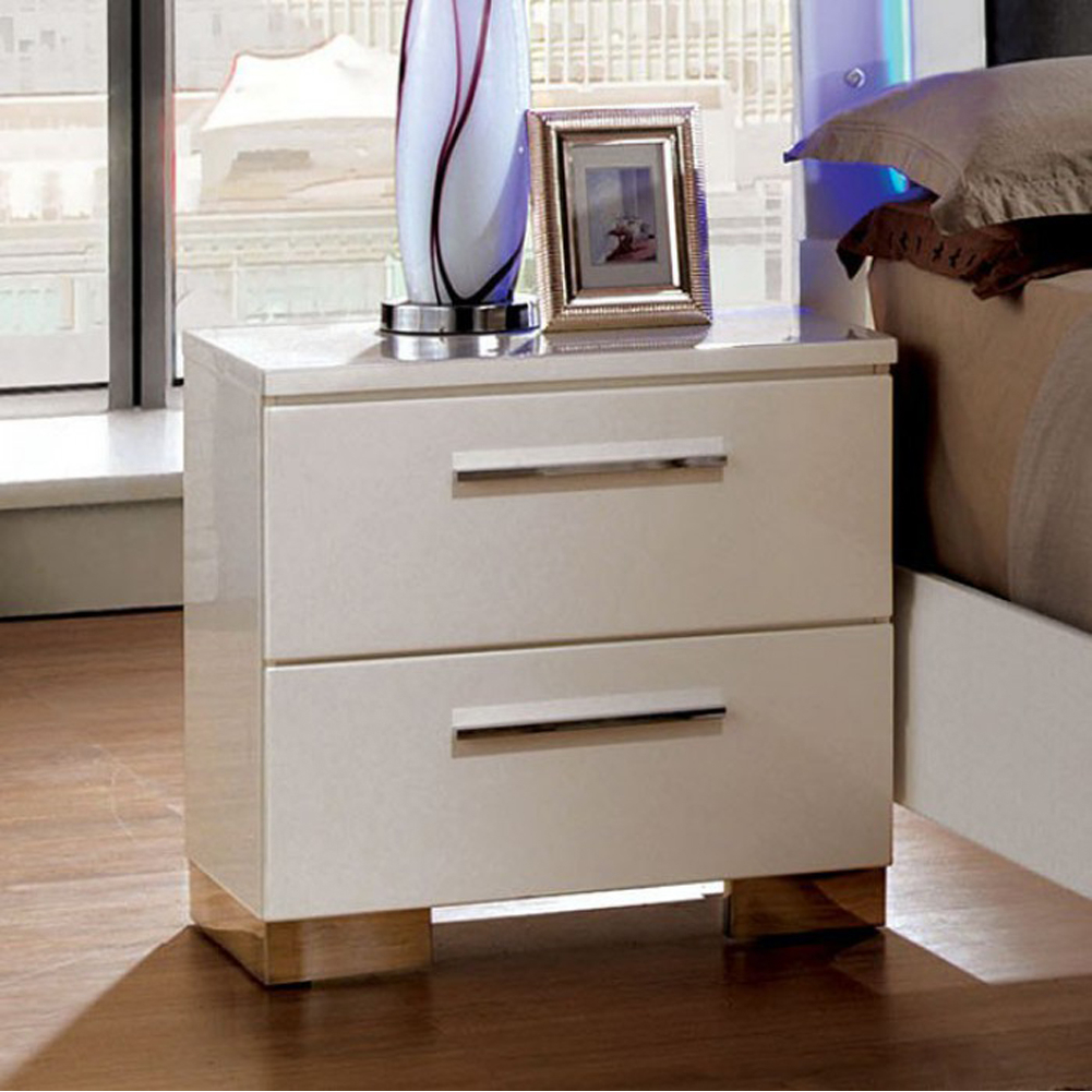 2 Drawer Wooden Nightstand With Metal Pulls, Glossy White- Saltoro Sherpi