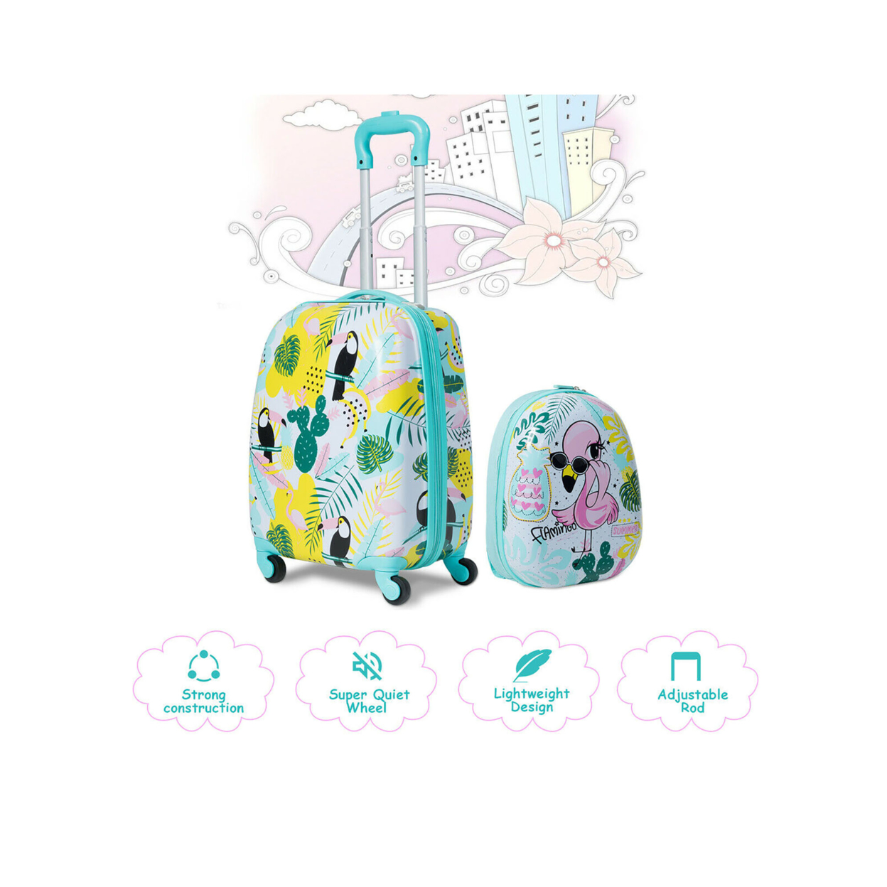 2PC Kids Luggage Set Backpack & Rolling Suitcase Travel ABS Flamingos