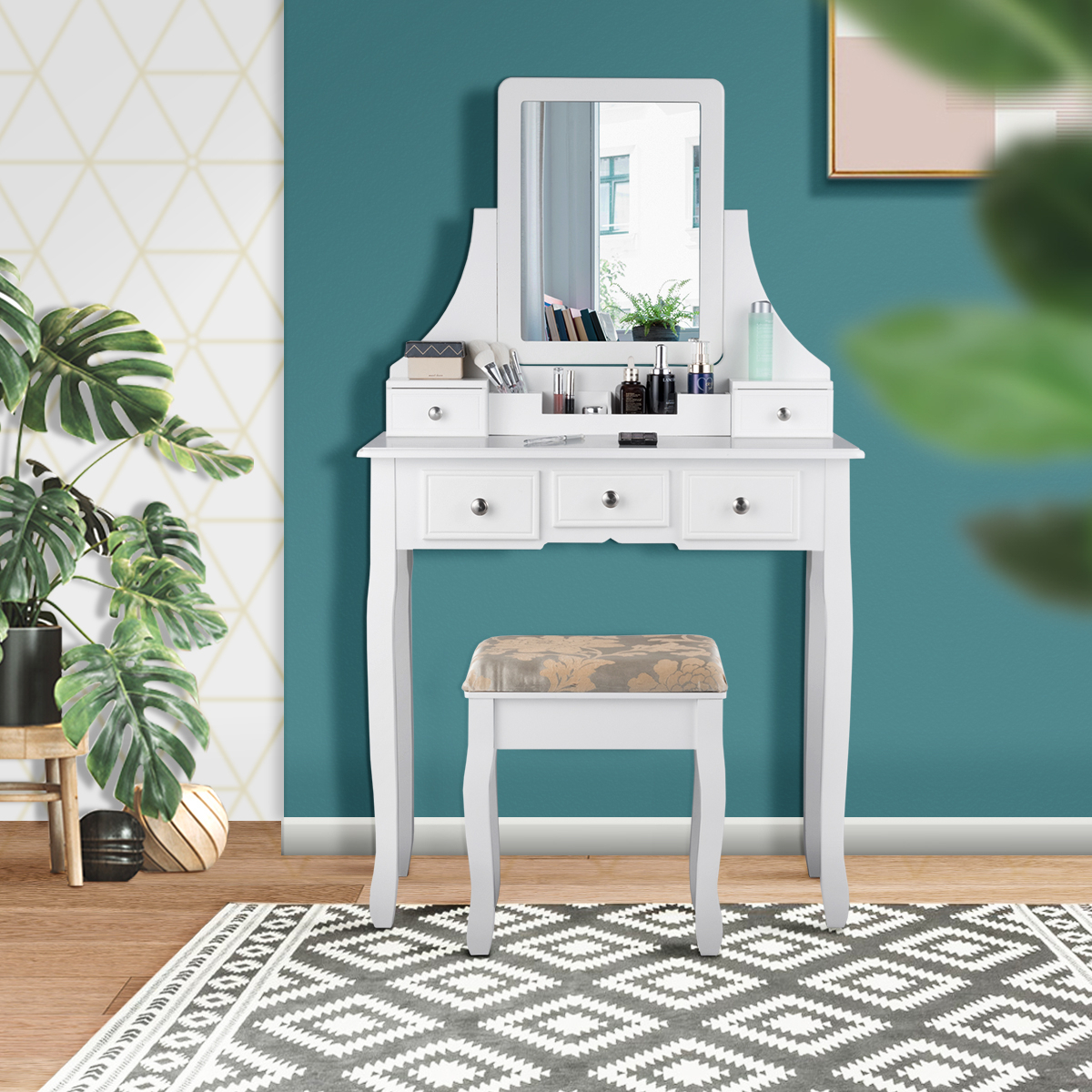 Vanity Set W/5 Drawers &Removable Box Makeup Dressing Table And Stool Set - White