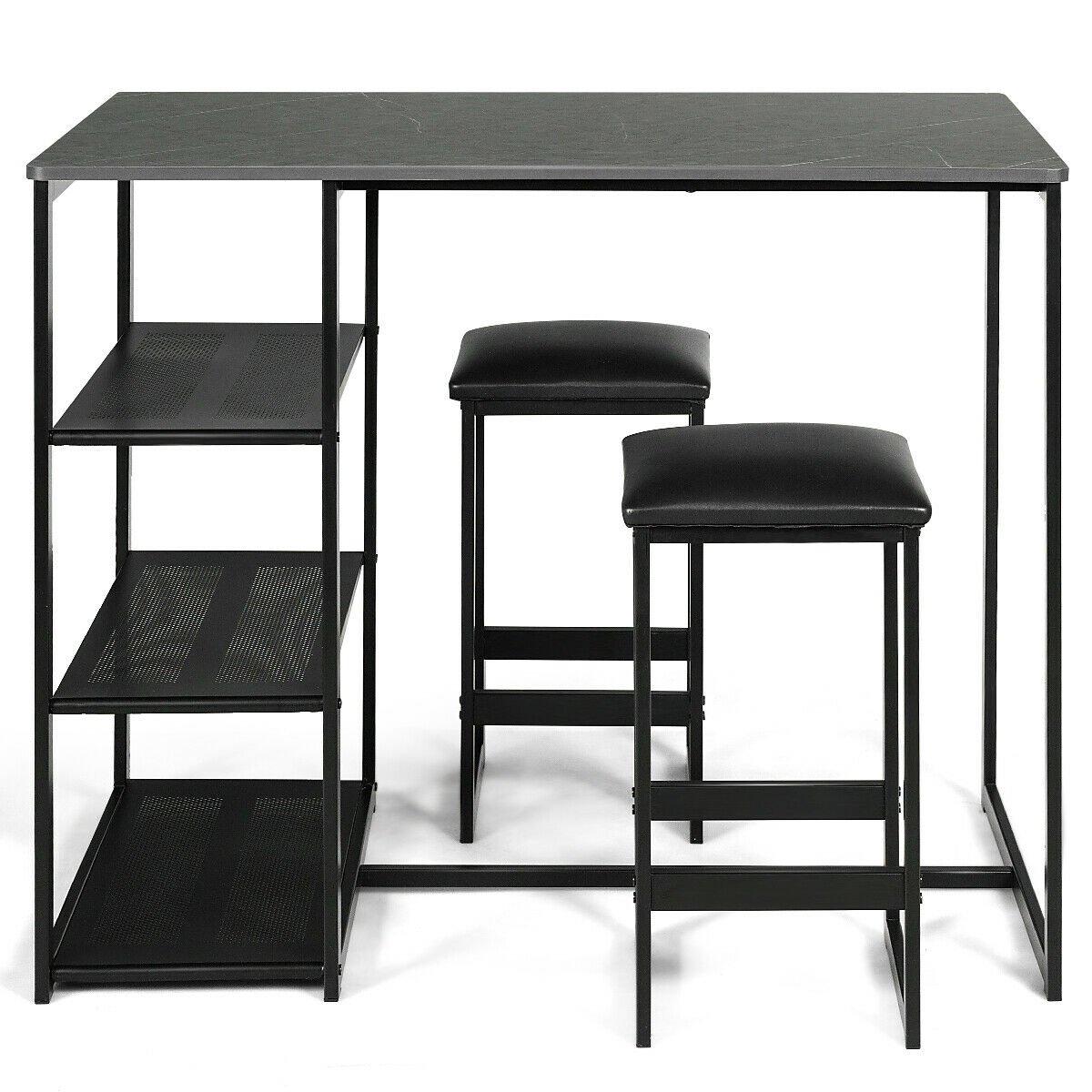 3 Piece Pub Set W/ Faux Marble Top Bar Table And 2 Stools Dining Set Industrial - Black