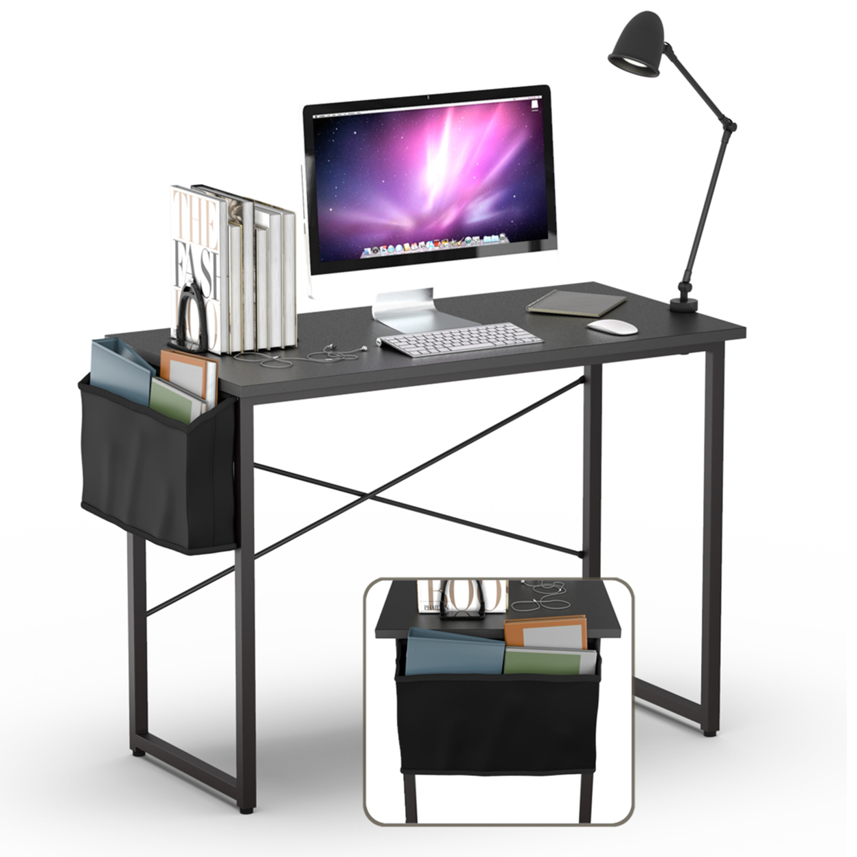 Modern Computer Desk 40''/47'' Study Writing Table W/ Storage Bag - Black, 40''