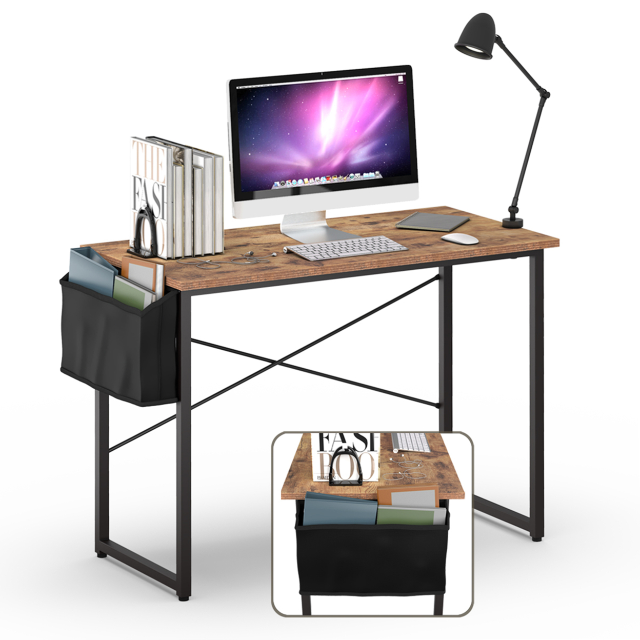 Modern Computer Desk 40''/47'' Study Writing Table W/ Storage Bag - Rustic Brown, 40''