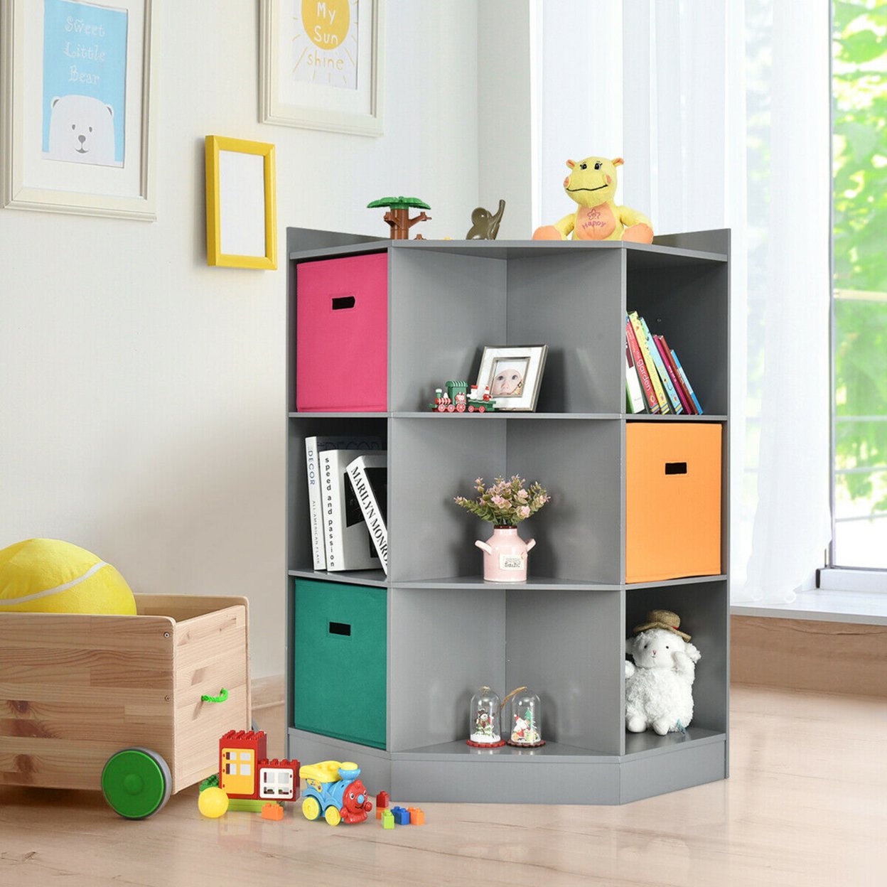 3-Tier Kid Storage Shelf Cubes W/3 Baskets Corner Cabinet Organizer Gray
