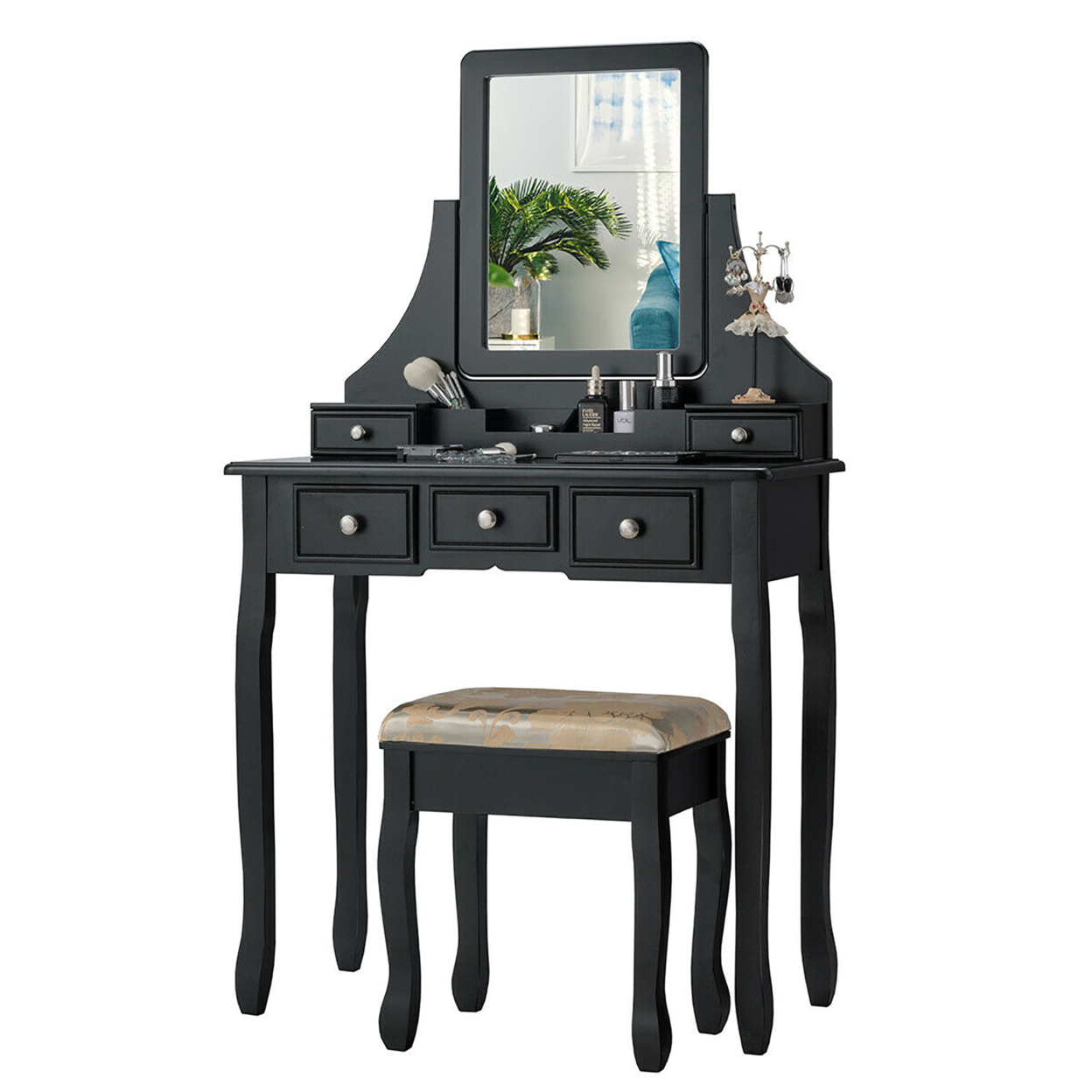Vanity Set W/5 Drawers &Removable Box Makeup Dressing Table And Stool Set - Black