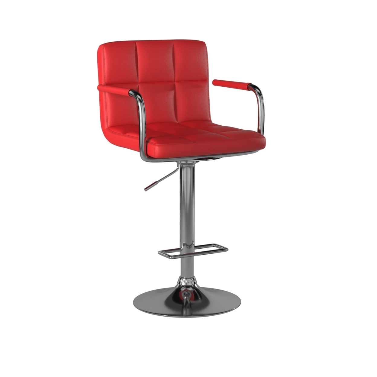 Leatherette Swivel Barstool With Square Stitched Details, Red And Silver- Saltoro Sherpi