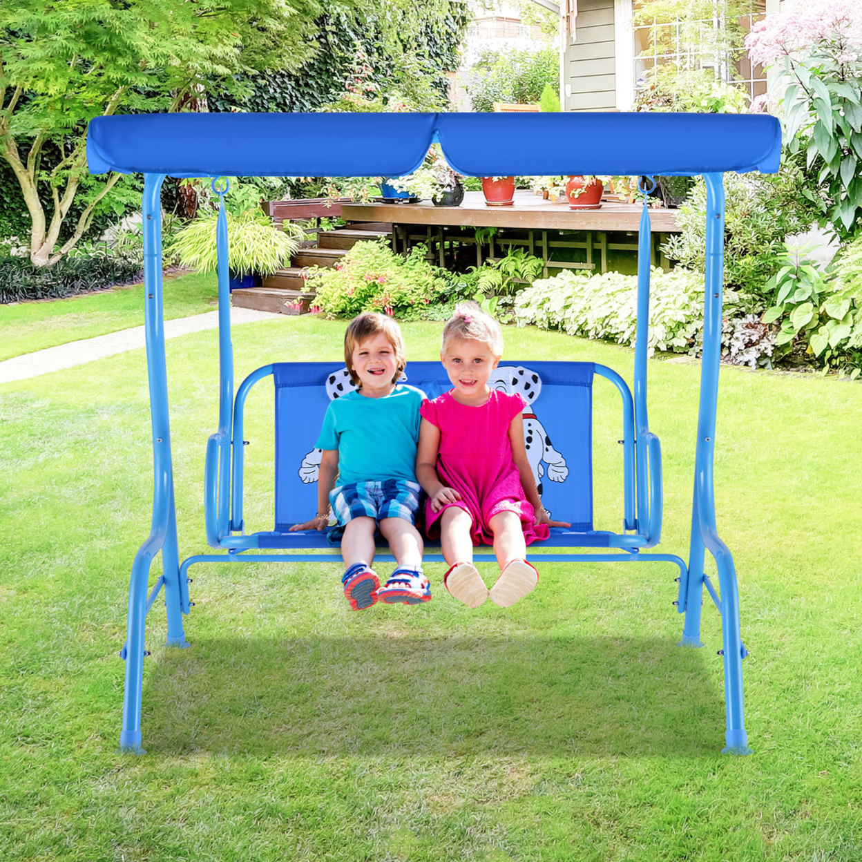 Kids Patio Porch Bench Swing W/ Safety Belt Canopy Outdoor Furniture Blue