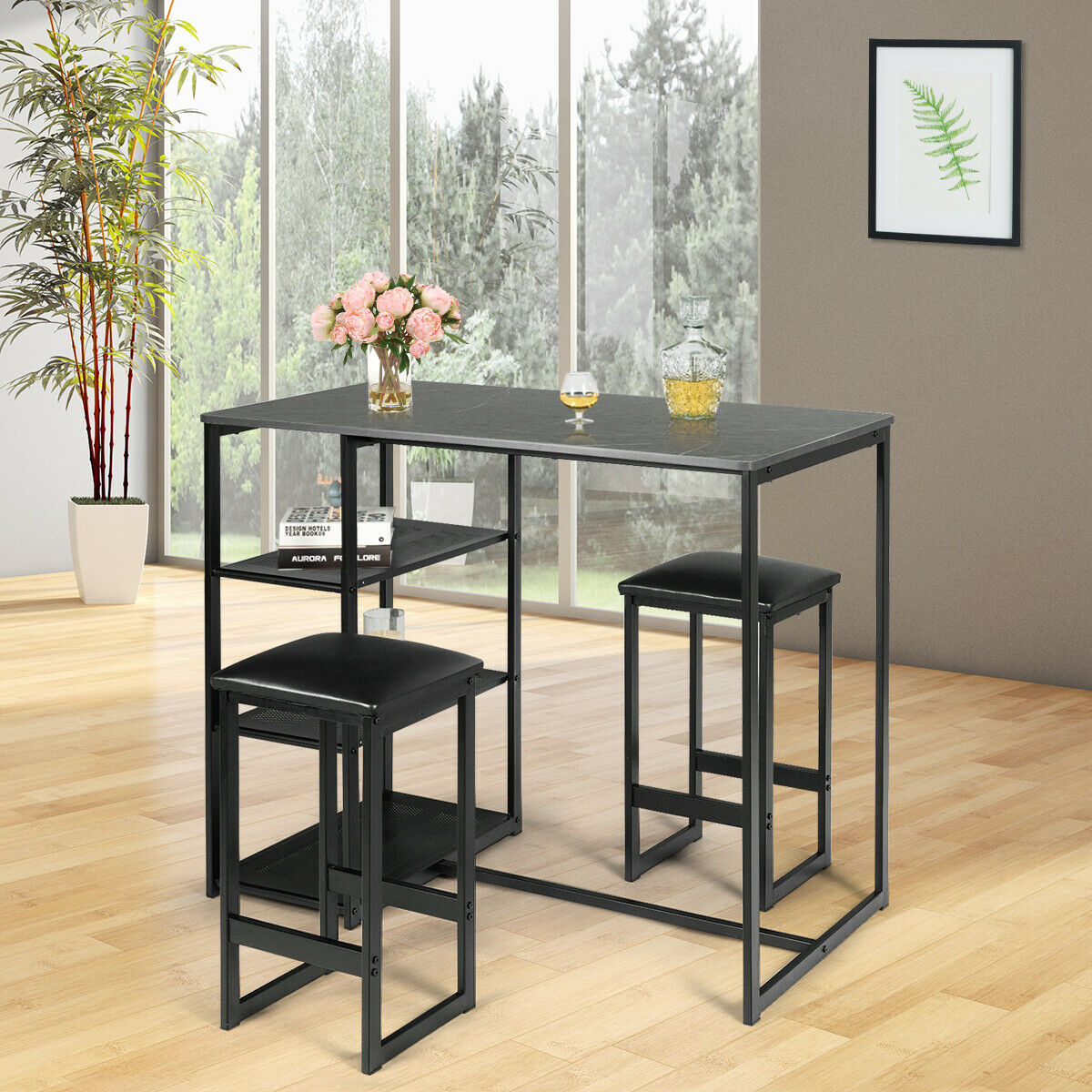 3 Piece Pub Set W/ Faux Marble Top Bar Table And 2 Stools Dining Set Industrial - Black