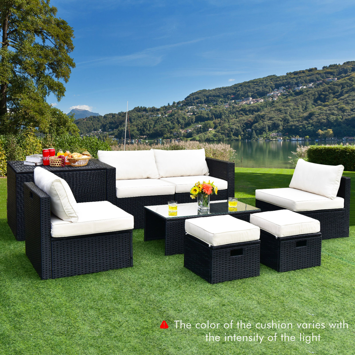 8PCS Rattan Patio Sectional Furniture Set W/ Waterproof Cover & Off White Cushions