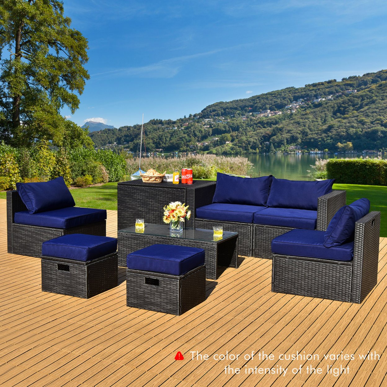 8PCS Rattan Patio Sectional Furniture Set W/ Waterproof Cover & Navy Cushions