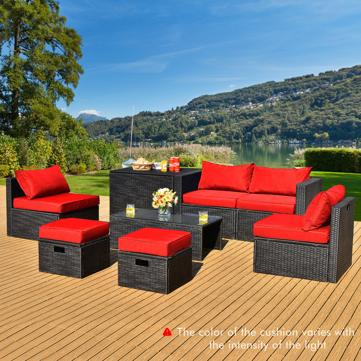 8PCS Rattan Patio Sectional Furniture Set W/ Waterproof Cover & Red Cushions