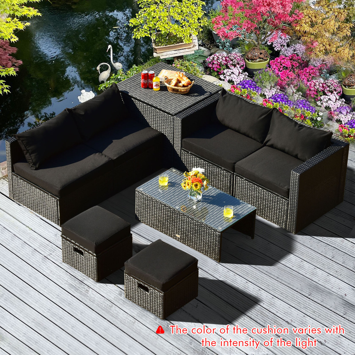 8PCS Rattan Patio Sectional Furniture Set W/ Waterproof Cover & Black Cushions
