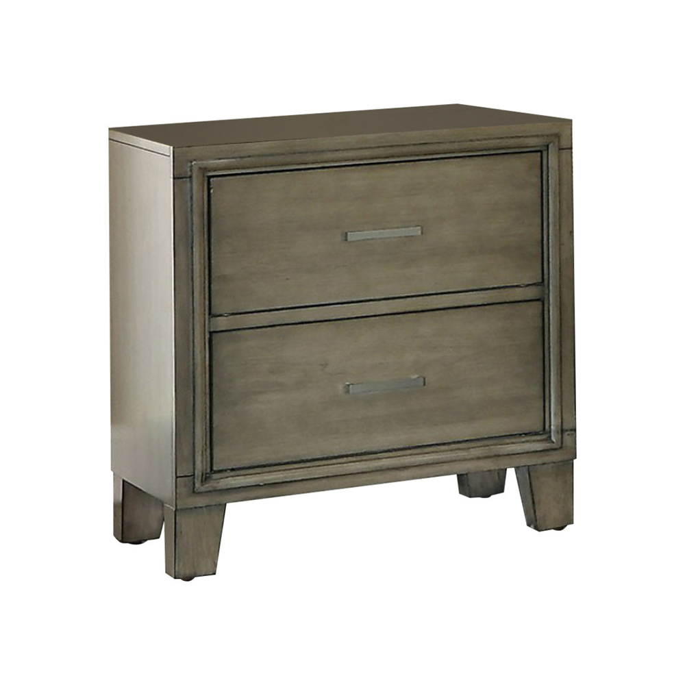 24 Inch Bedside Nightstand, 2 Drawers, Metal Bar Handles, Washed Gray