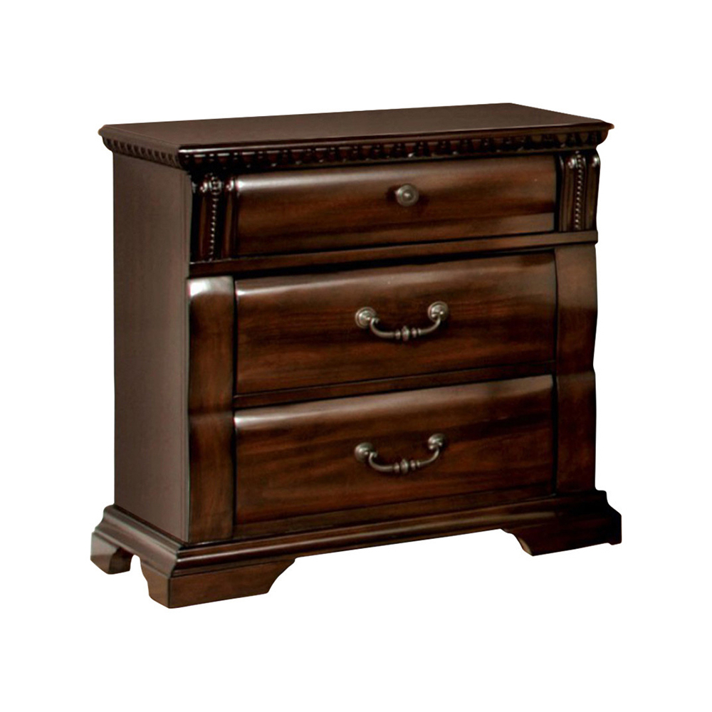 3 Drawer Wooden Nightstand With Metal Handles And Carved Details, Brown- Saltoro Sherpi