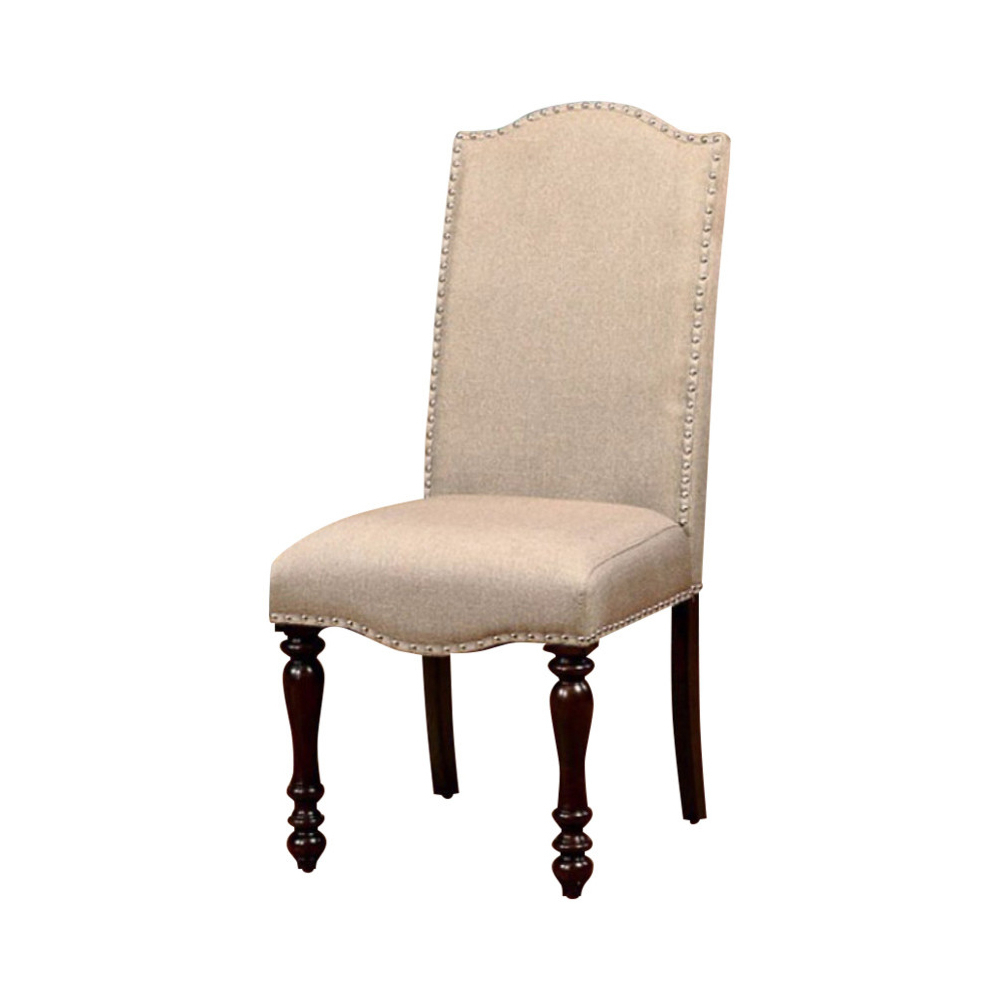 18 Inch Dining Chair, Beige Linen Fabric, Rich Brown Wood, Turned Legs- Saltoro Sherpi