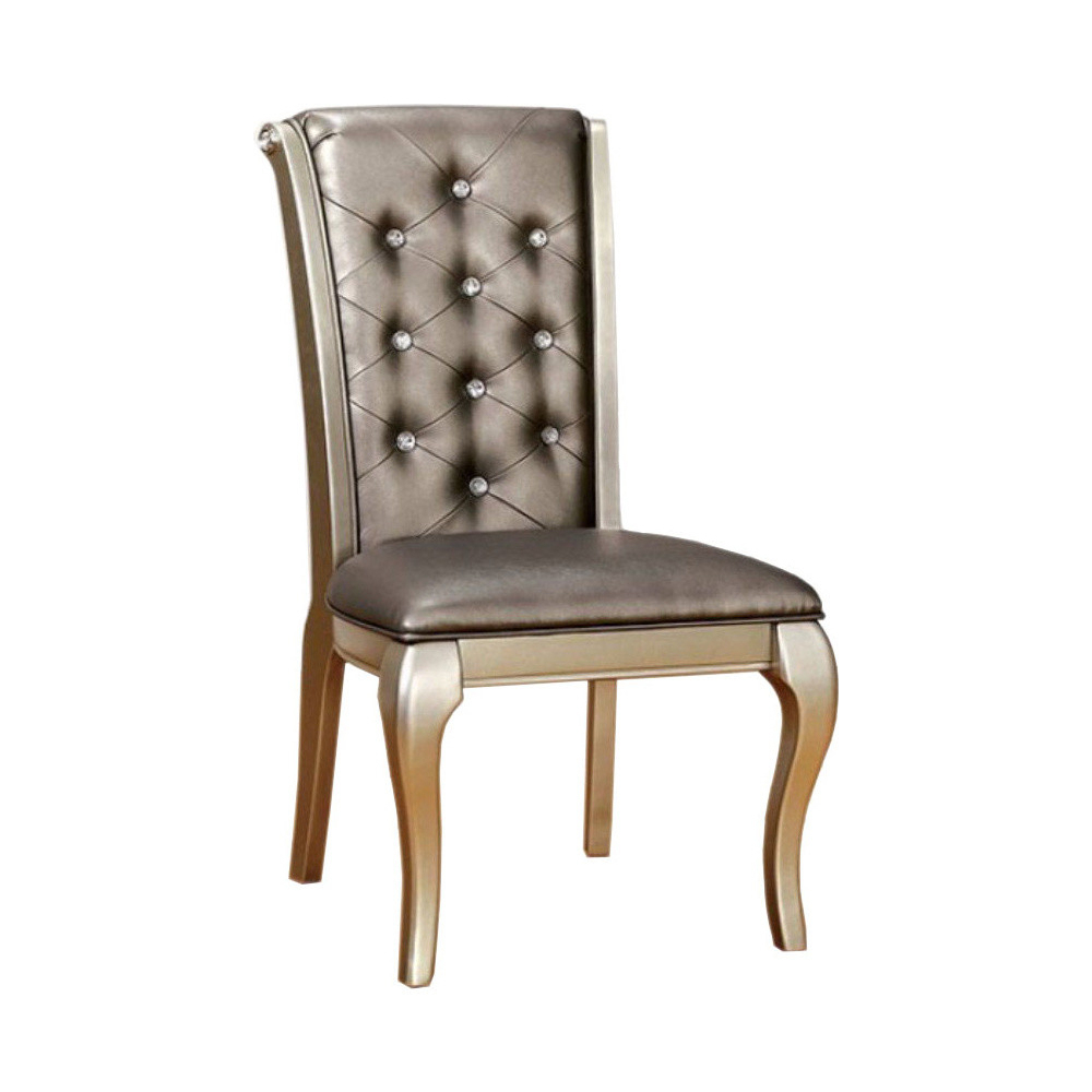 Leatherette Buttoned Side Chair With Cabriole Legs, Set Of 2, Gray And Gold- Saltoro Sherpi