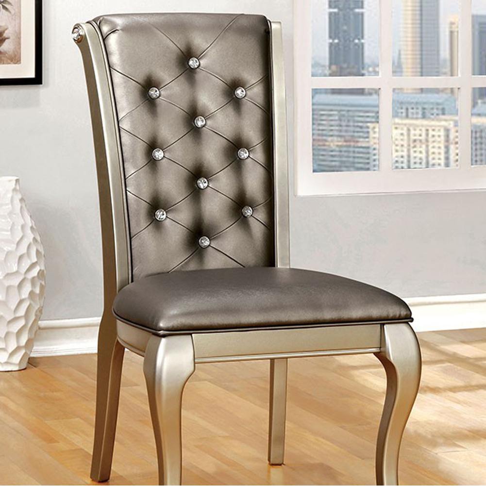 Leatherette Buttoned Side Chair With Cabriole Legs, Set Of 2, Gray And Gold- Saltoro Sherpi