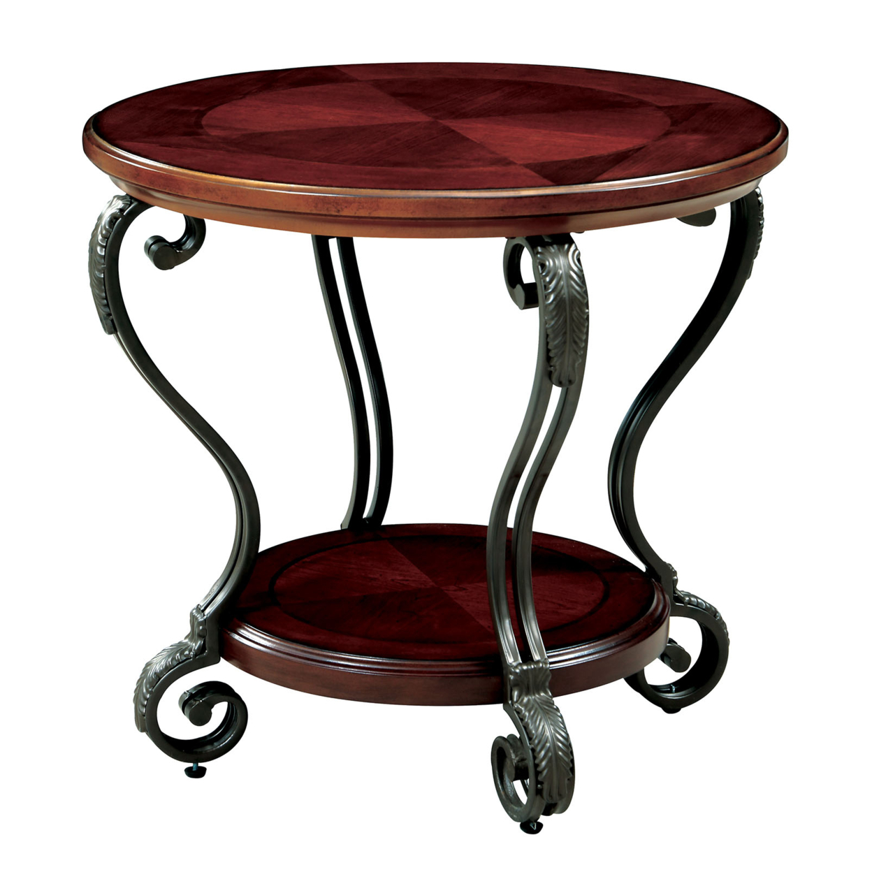 Round Wood And Metal End Table With Scroll Details, Brown- Saltoro Sherpi