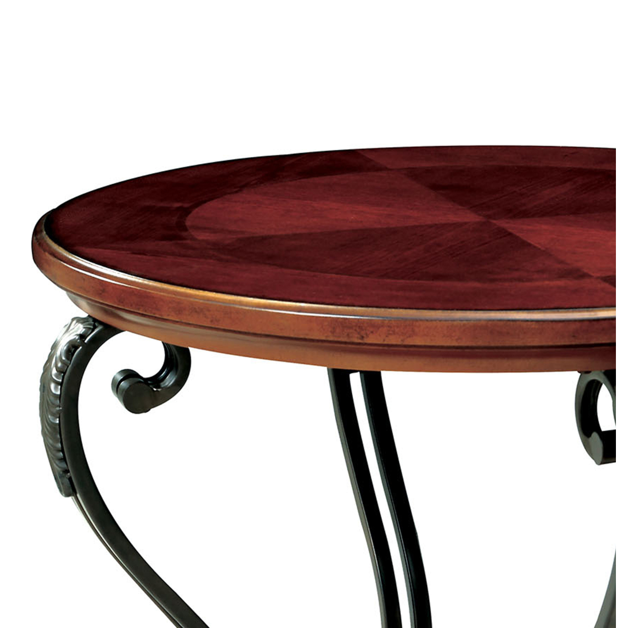 Round Wood And Metal End Table With Scroll Details, Brown- Saltoro Sherpi