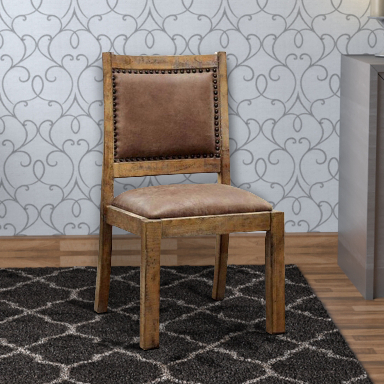 Rustic Wood Dining Chair, Vegan Faux Leather, Nailhead Trim, Set Of 2,Brown- Saltoro Sherpi