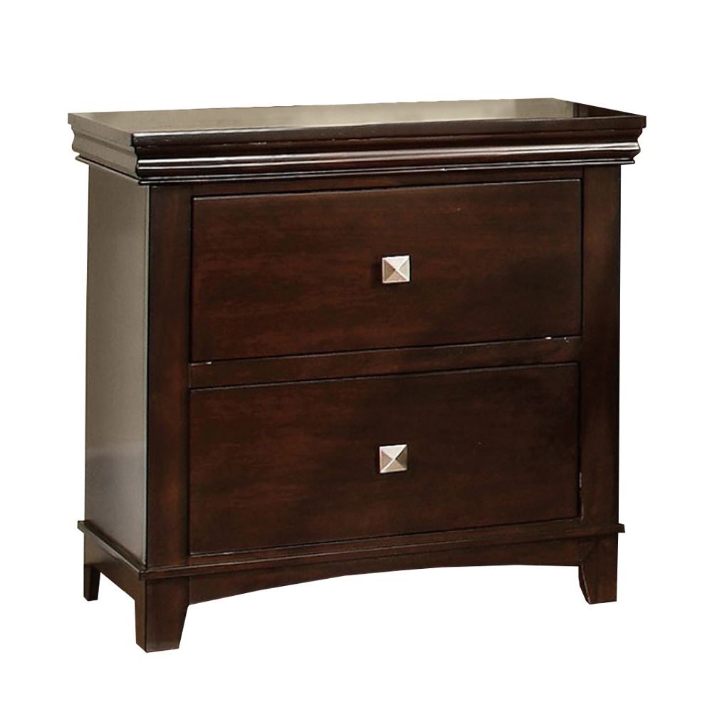 2 Drawer Wooden Nightstand With Metal Square Knobs, Espresso Brown- Saltoro Sherpi
