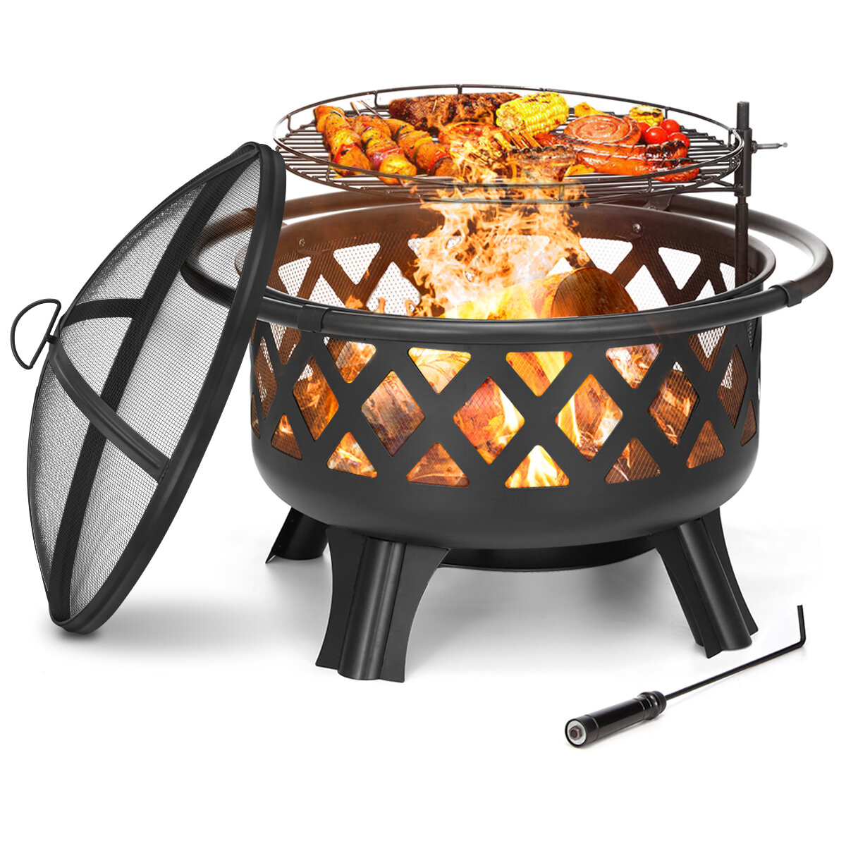 30 Inch Large Fire Pits Wood Burning Steel Firepit with Swivel BBQ Grill Ash Plate Spark Screen Poker