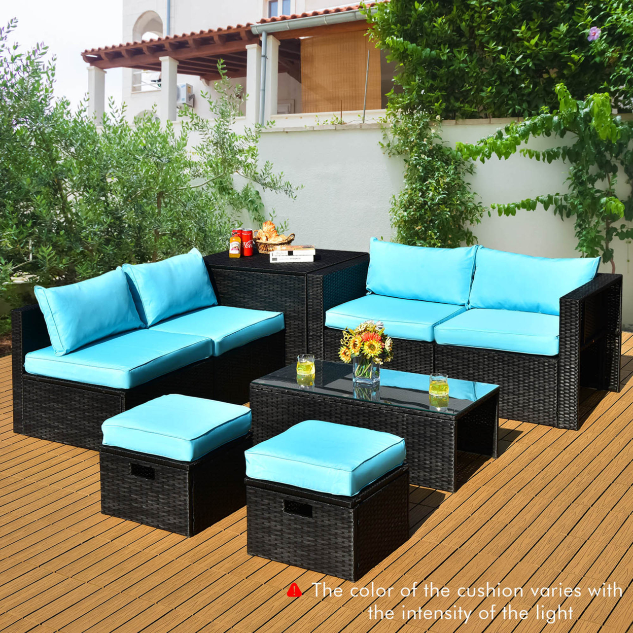 8PCS Rattan Patio Sectional Furniture Set W/ Waterproof Cover & Turquoise Cushions