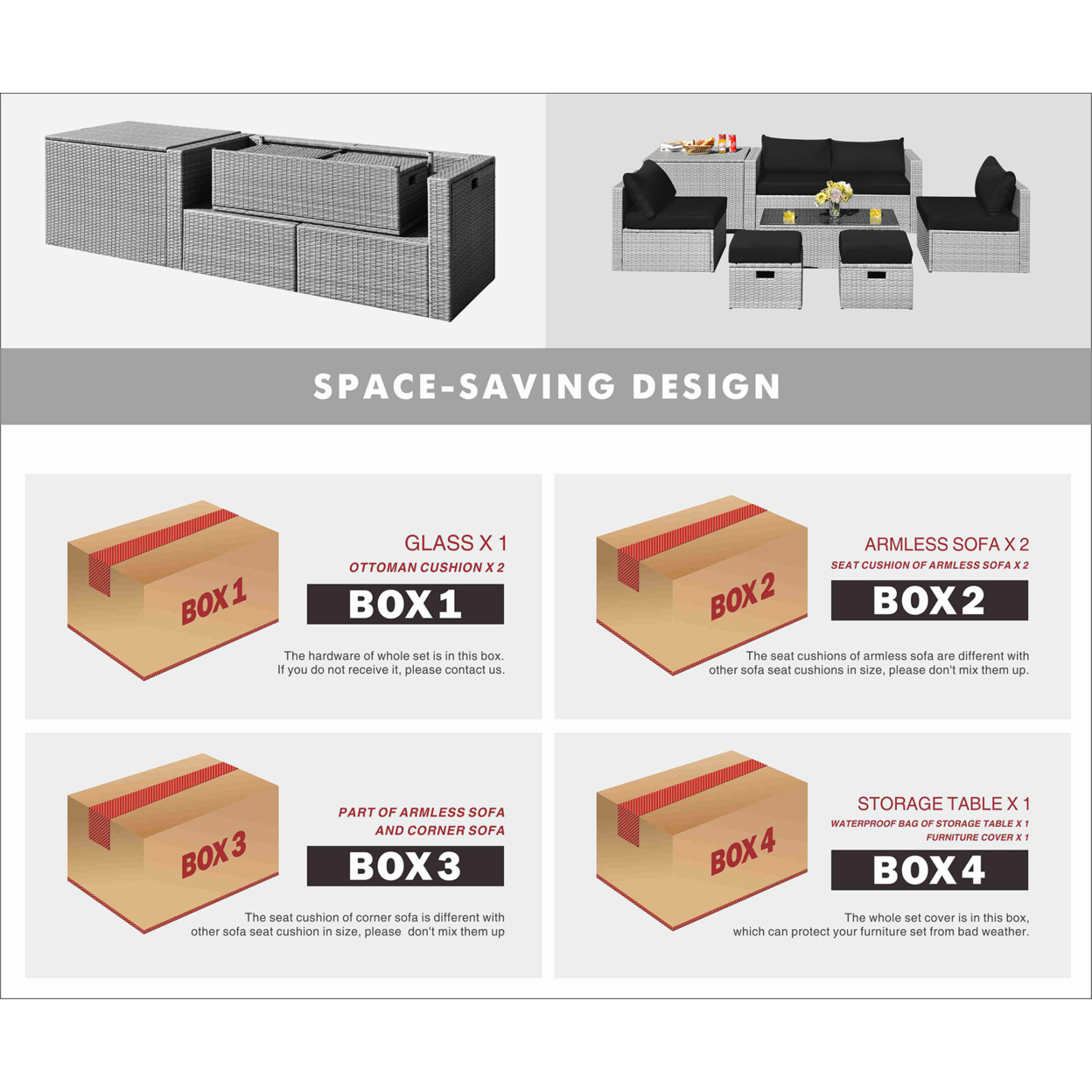 8PCS Rattan Patio Space-Saving Furniture Set W/ Waterproof Cover & Black Cushions