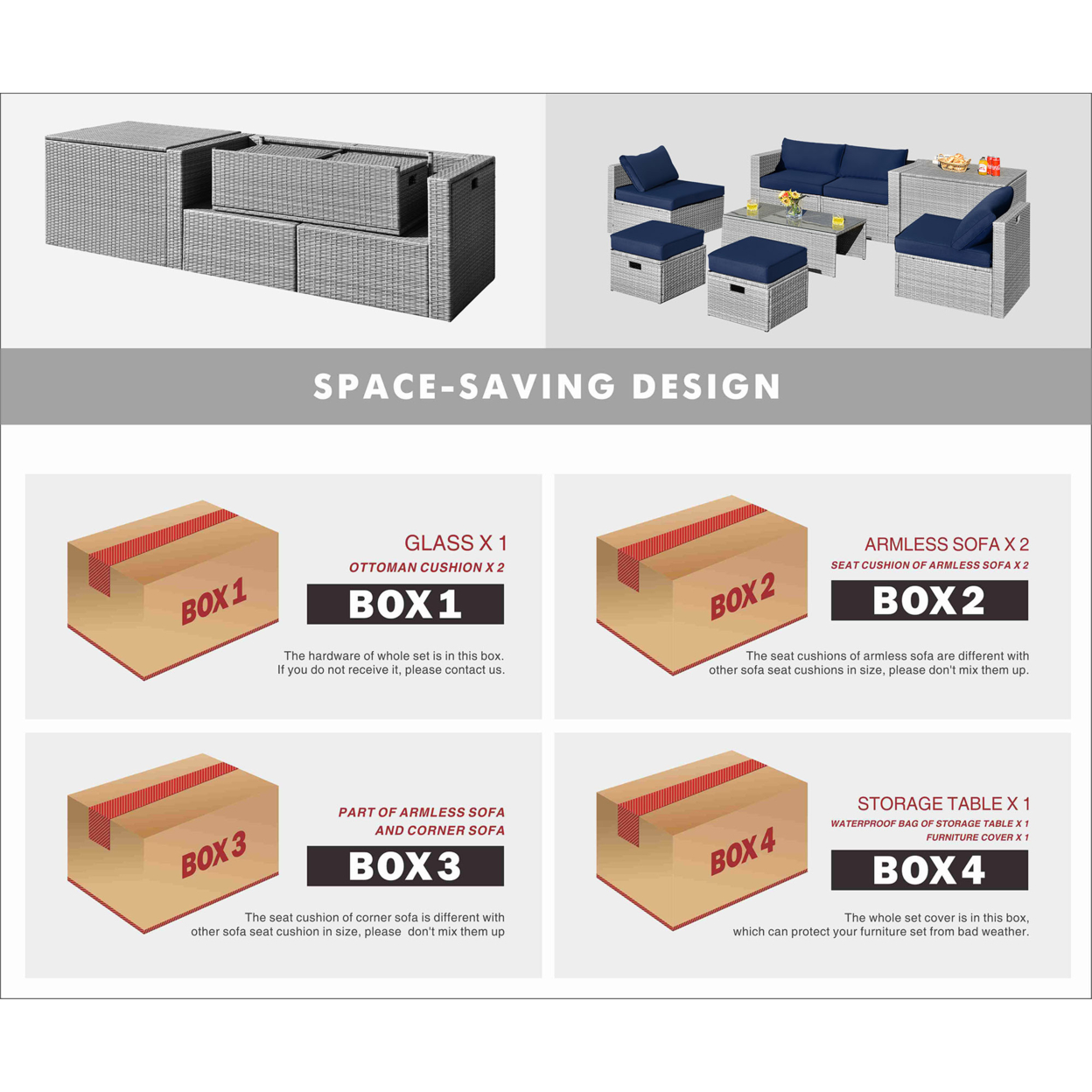 8PCS Rattan Patio Space-Saving Furniture Set W/ Waterproof Cover & Navy Cushions