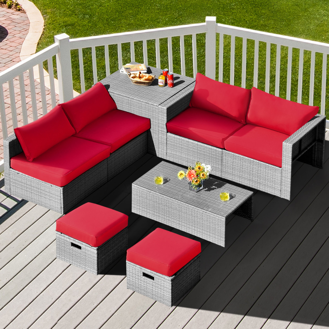 8PCS Rattan Patio Space-Saving Furniture Set W/ Waterproof Cover & Red Cushions