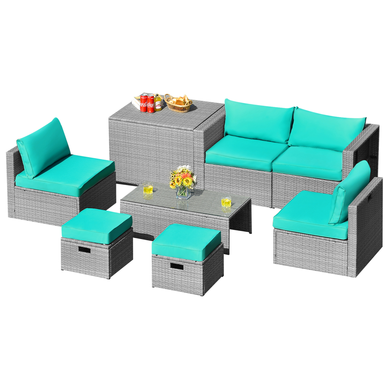 8PCS Rattan Patio Space-Saving Furniture Set W/ Waterproof Cover & Turquoise Cushions