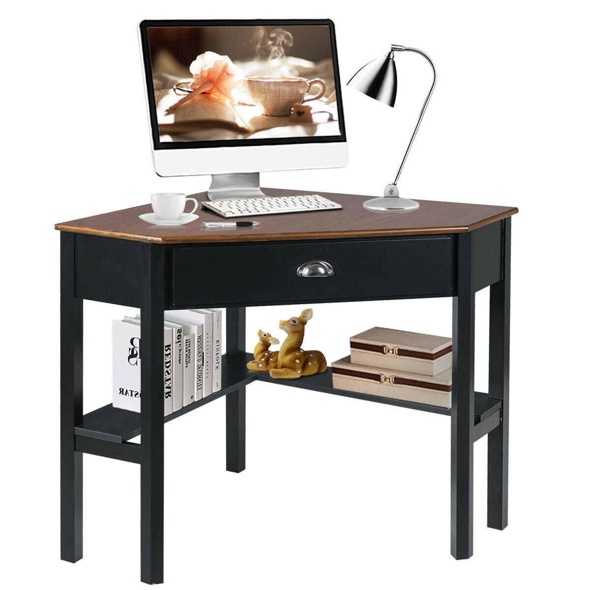 Corner Computer Desk Laptop Writing Table Workstation W/ Drawer & Shelves Brown/White/Gray - Brown
