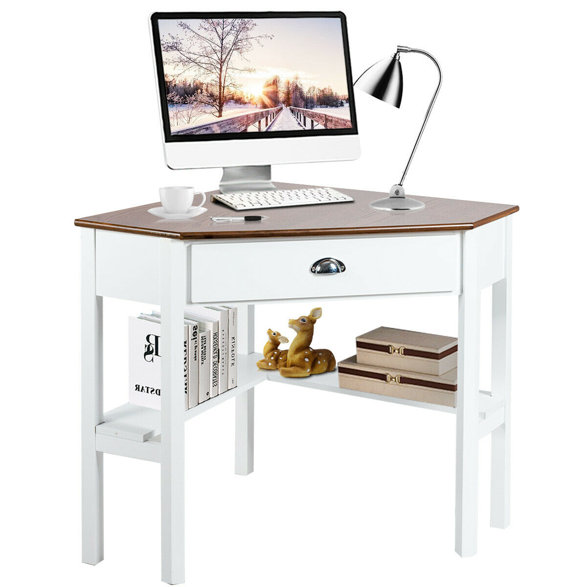 Corner Computer Desk Laptop Writing Table Workstation W/ Drawer & Shelves Brown/White/Gray - White