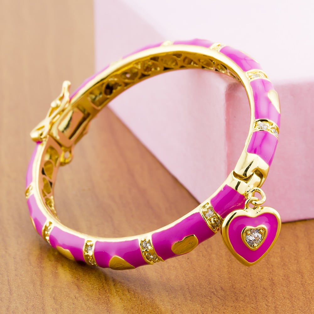 Gold Plated 42mm Enamel Heart Kids' Bangle - Red