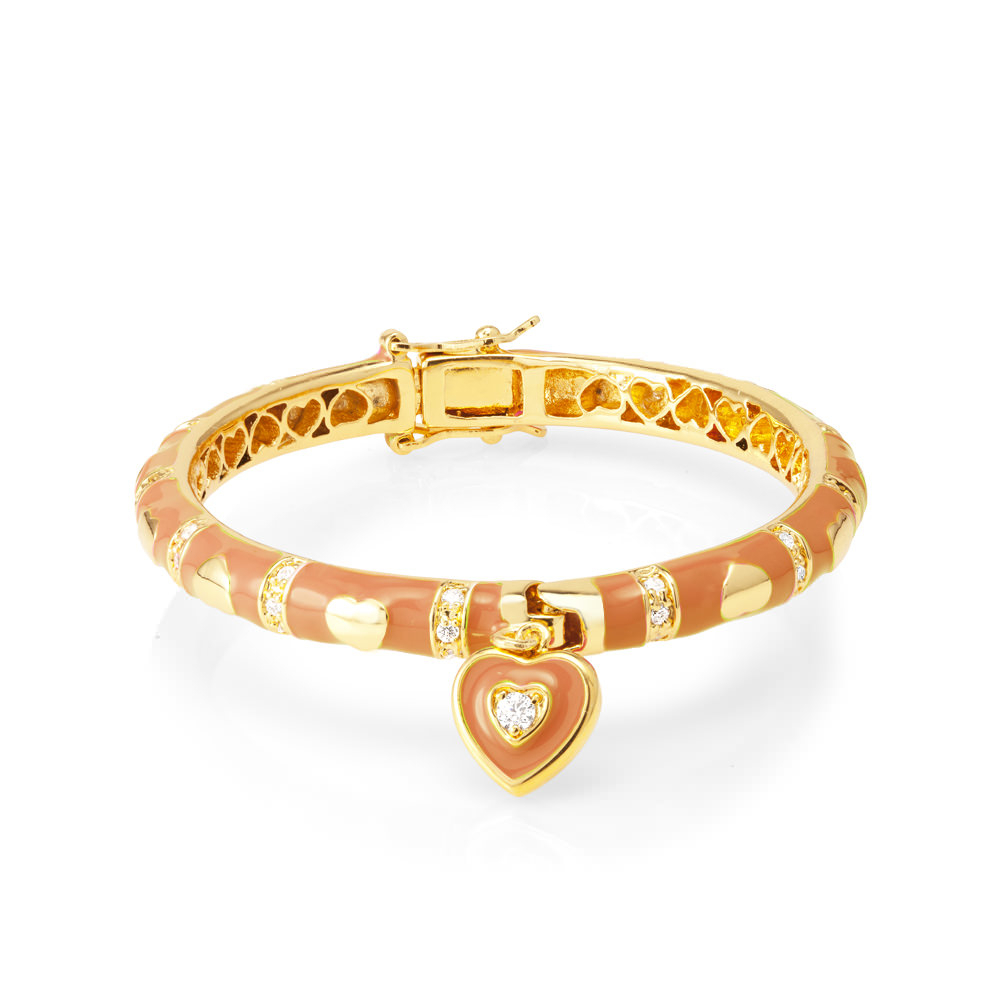 Gold Plated 50mm Enamel Heart Bangle - Red
