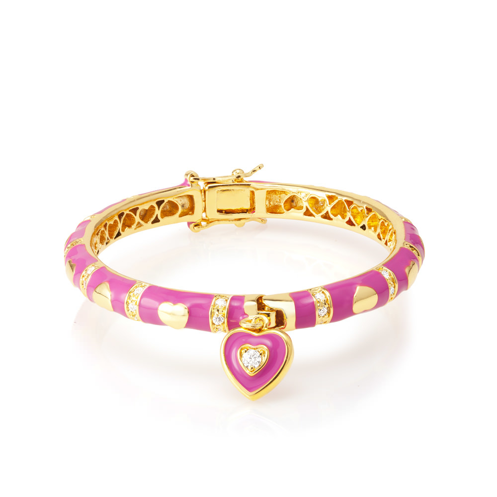 Gold Plated 50mm Enamel Heart Bangle - Hot Pink