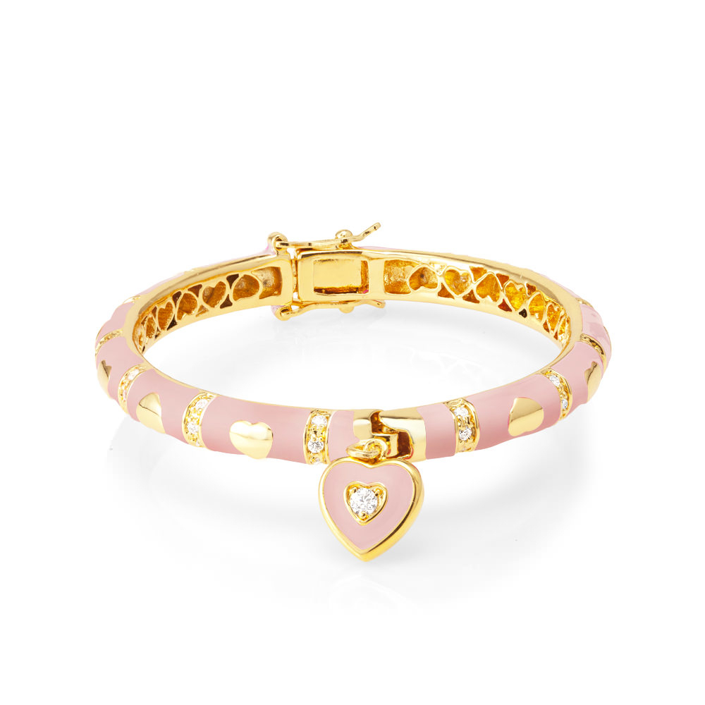 Gold Plated 50mm Enamel Heart Bangle - Candy Pink