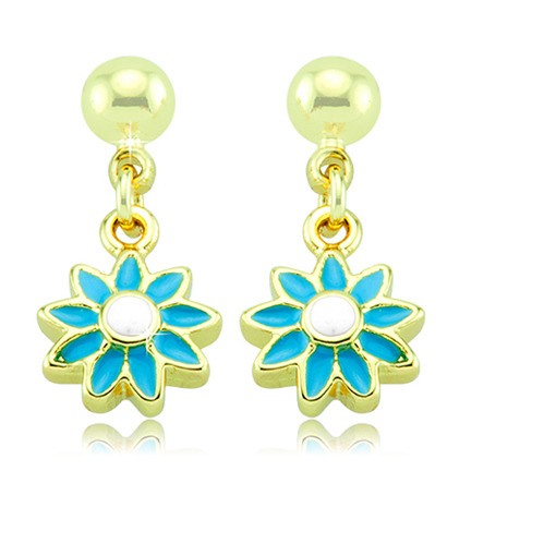 Gold Plated Enamel Flower Drop Earrings - Blue