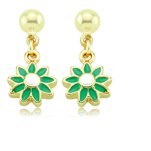 Gold Plated Enamel Flower Drop Earrings - Green